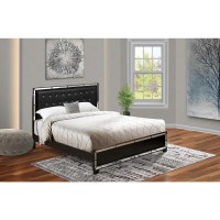 East West Furniture Nella Button Tufted Bedroom Frame Black Leather Headboard and Black Legs King Size