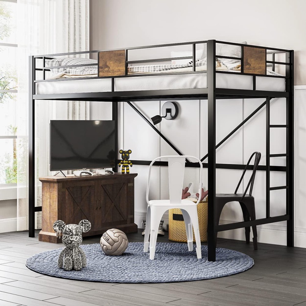 Sha Cerlin Metal Twin Loft Bed Frame With Stairs Fulllength Guardrail Spacesaving Juniors And Adults Noise Free Black