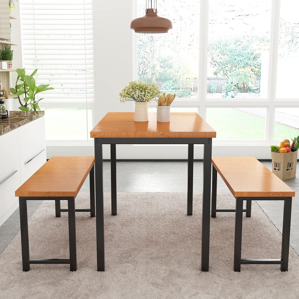 Awqm Dining Room Table Set, Kitchen Table Set With 2 Benches, Ideal For Home, Kitchen And Dining Room, Breakfast Table Of 47.2X28.7X29.5 Inches, Benches Of 41.3X11.8X17.7 Inches, Brown