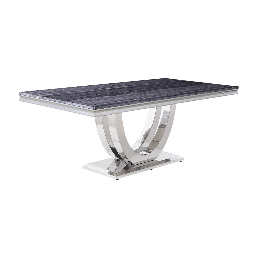 Acme Cambrie Dining Table In Faux Marble And Mirrored Silver Finish