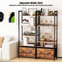 Furologee 5Tier Bookshelf Tall Bookcase With 2 Storage Drawers Industrial Display Standing Shelf Units Wood And Metal Storag