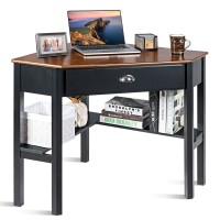 Kotek Corner Desk With Drawer And Shelves, Wooden Home Office Desk Triangle Computer Desk, Writing Study Desk Computer Workstation, Makeup Vanity Table (Coffee & Black)