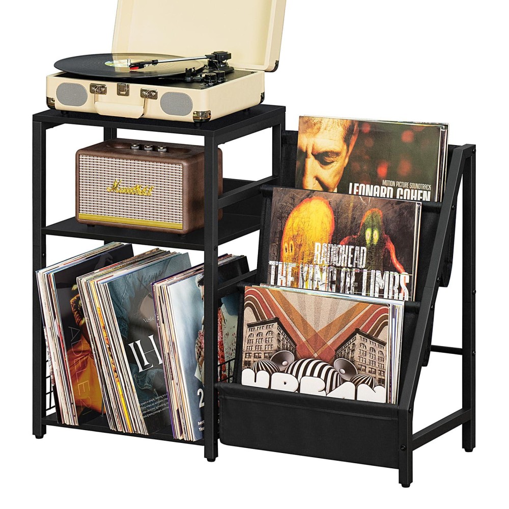 Lelelinky Black End Table Record Player Stand With Vinyl Storage 3 Tier Side Table With Display Shelf Storage Up To 150 Albums I