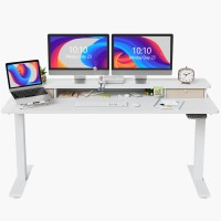 Fezibo 60 X 24 Inch Height Adjustable Electric Standing Desk With Double Drawer, Stand Up Desk With Storage Shelf, Sit Stand Desk, White