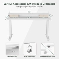 Fezibo 55 X 24 Inch Height Adjustable Electric Standing Desk With Double Drawer, Stand Up Desk With Storage Shelf, Sit Stand Desk, White