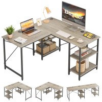 Bestier L Shaped Desk With Shelves 86 Inch Reversible Corner Computer Desk Or 2 Person Long Table For Home Office Large Gaming Writing Storage Workstation P2 Board With 3 Cable Holes, Gray
