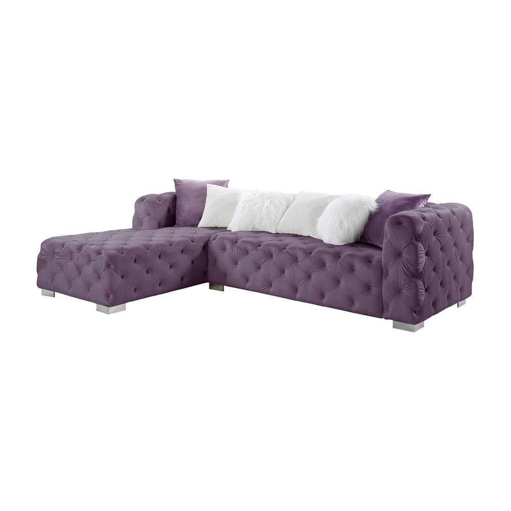 Acme Qokmis Tufted Upholstered Sectional Sofa With 6 Pillows In Purple Velvet
