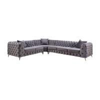 Acme Wugtyx Tufted Sectional Sofa With 3 Pillows In Dark Gray Velvet