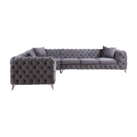 Acme Wugtyx Tufted Sectional Sofa With 3 Pillows In Dark Gray Velvet