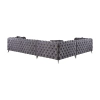 Acme Wugtyx Tufted Sectional Sofa With 3 Pillows In Dark Gray Velvet