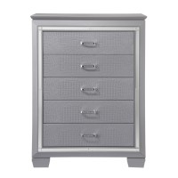 Chest with 5 Textured Drawers and Mirror Trim, Silver