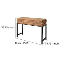 Benjara Console Table With Metal Base And 3 Drawers, Brown And Black