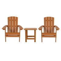 2 Pack Charlestown AllWeather Poly Resin Wood Adirondack Chairs with Side Table in Teak