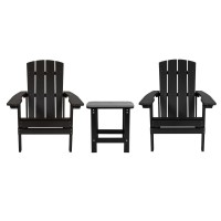 2 Pack Charlestown AllWeather Poly Resin Wood Adirondack Chairs with Side Table in Black