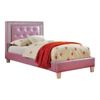 Twin Bed with Leatherette Upholstery and Crystal Button Tufting, Pink