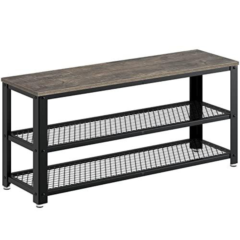 Rolanstar Shoe Bench, 3-Tier Shoe Rack, 39.4?Storage Entry Bench With Mesh Shelves Wood Seat, Rustic Foyer Bench For Hallway Front Door, Doorway, Living Room, Mudroom, Steel Frame, Gray