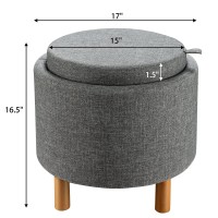 Giantex Round Storage Ottoman With Tray, Accent Storage Footstool W/Soft Padding, Fabric Sitting Stool W/Solid Wood Legs & Non-Slip Pads, Tray Top Coffee Table For Living Room, Bedroom (Grey)