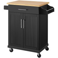 Yaheetech Kitchen Island On Wheels With Storage Cabinet, Rolling Kitchen Cart With Bamboo Top & Drawer & Spice Rack Towel Bar, Microwave Stand Cart For Kitchen/Dining Room, Black