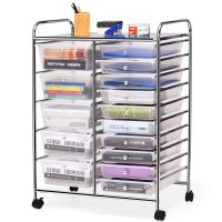 Kotek 15-Drawer Rolling Storage Cart, Multipurpose Mobile Utility Cart With 4 Wheels, Home Office School Tools Scrapbook Paper Organizer (Clear)