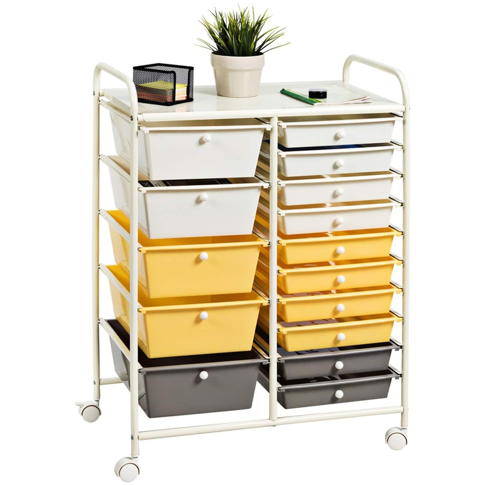 Kotek 15-Drawer Rolling Storage Cart, Multipurpose Mobile Utility Cart With 4 Wheels, Home Office School Tools Scrapbook Paper Organizer (Yellow)