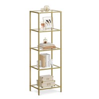 Vasagle Bookcase, 5-Tier Bookshelf, Slim Shelving Unit For Bedroom, Bathroom, Home Office, Tempered Glass, Steel Frame, Metallic Gold Ulgt029A01