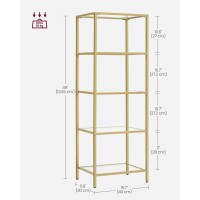 Vasagle Bookcase, 5-Tier Bookshelf, Slim Shelving Unit For Bedroom, Bathroom, Home Office, Tempered Glass, Steel Frame, Metallic Gold Ulgt029A01