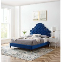 Modway Gwyneth Tufted Performance Velvet Queen Platform Bed In Navy With Wood And Gold Legs