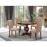 East West Furniture 5 Piece Dining Set Consists of a Mid Century Dining Table and 4 Light Sable Linen Fabric Upholstered Chairs