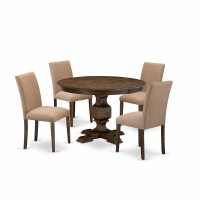 East West Furniture 5 Piece Dining Set Consists of a Mid Century Dining Table and 4 Light Sable Linen Fabric Upholstered Chairs