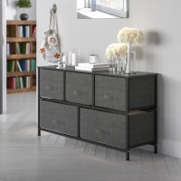 5 Drawer Wood Top Black Cast Iron Frame Vertical Storage Dresser with Dark Gray Easy Pull Fabric Drawers