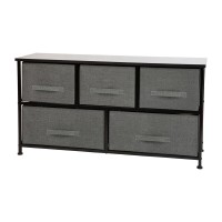 5 Drawer Wood Top Black Cast Iron Frame Vertical Storage Dresser with Dark Gray Easy Pull Fabric Drawers