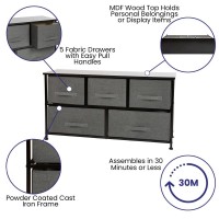 5 Drawer Wood Top Black Cast Iron Frame Vertical Storage Dresser with Dark Gray Easy Pull Fabric Drawers