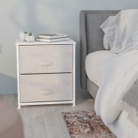 2 Drawer Wood Top White Nightstand Storage Organizer with Cast Iron Frame and Light Gray Easy Pull Fabric Drawers