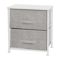 2 Drawer Wood Top White Nightstand Storage Organizer with Cast Iron Frame and Light Gray Easy Pull Fabric Drawers