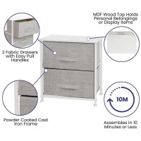 2 Drawer Wood Top White Nightstand Storage Organizer with Cast Iron Frame and Light Gray Easy Pull Fabric Drawers