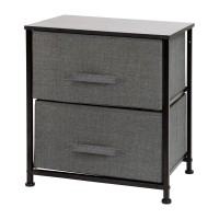 2 Drawer Wood Top Black Nightstand Storage Organizer with Cast Iron Frame and Dark Gray Easy Pull Fabric Drawers