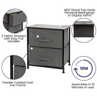 2 Drawer Wood Top Black Nightstand Storage Organizer with Cast Iron Frame and Dark Gray Easy Pull Fabric Drawers