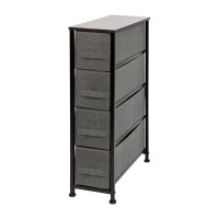 4 Drawer Slim Wood Top Black Cast Iron Frame Vertical Storage Dresser with Dark Gray Easy Pull Fabric Drawers