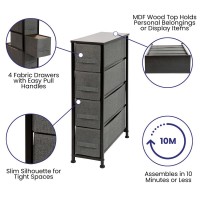 4 Drawer Slim Wood Top Black Cast Iron Frame Vertical Storage Dresser with Dark Gray Easy Pull Fabric Drawers