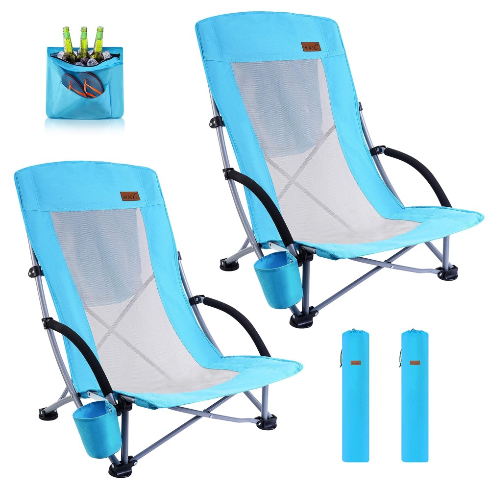 Nice C Beach Chair, Beach Chairs For Adults 2 Pack W/Cooler Compact High Back, Cup Holder & Carry Bag & Heavy Duty Outdoor, Camping, Bbq, Travel, Picnic, Festival (Set Of 2 Blue)