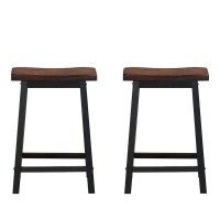 Waterjoy Counter Height Bar Stools Set Of 2, Vintage Solid Wood Saddle-Seat 24-Inch Antique Walnut Finish For Bistro Kitchen Living Room (Coffee)