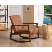 Wahson Pu Leather Rocking Chair Mid-Century Armchair With Solid Wood Legs, Leisure Relax Chair For Living Room/Bedroom/Balcony (Brown)