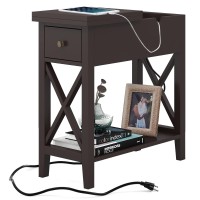 Choochoo End Table With Flip Top And Charging Station, Narrow Side Table With Storage Cabinet And Usb, Skinny Sofa Table With Power Outlet For Living Room Bedroom, Espresso