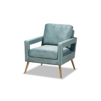 Baxton Studio Leland Glam and Luxe Light Blue Velvet Fabric Upholstered and Gold Finished Armchair