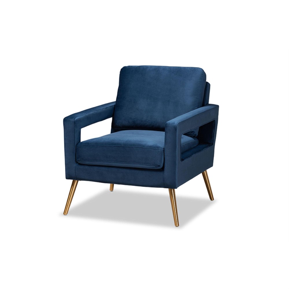 Baxton Studio Leland Glam and Luxe Navy Blue Velvet Fabric Upholstered and Gold Finished Armchair