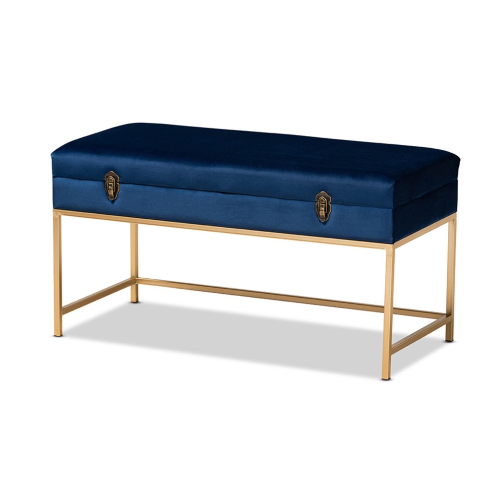 Baxton Studio Aliana Glam and Luxe Navy Blue Velvet Fabric Upholstered and Gold Finished Metal Large Storage Ottoman