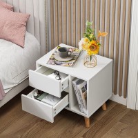 Tukailai Modern Nightstand With 2 Drawers, Open Storage & Solid Wood Legs, Bedside Table Cabinet Storage Unit For Bedroom (White)