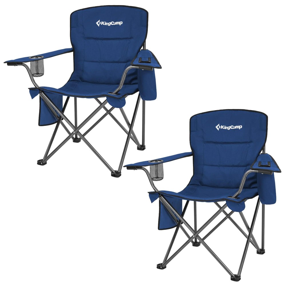 Kingcamp Padded Folding Lounge Chairs With Built-In Cupholder, Insulated Cooler Sleeve, And Side Storage Pocket For Indoor & Outdoors, Blue (2 Pack)
