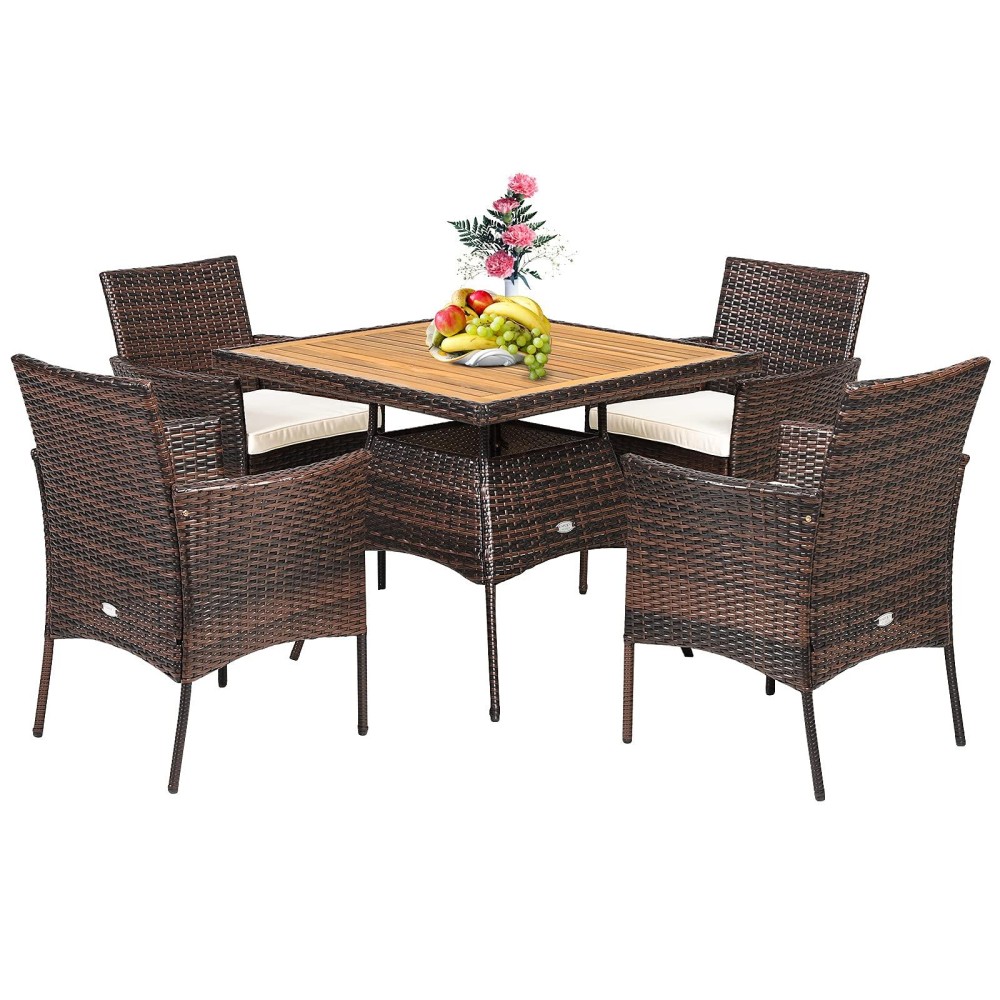 Tangkula 5 Pieces Wicker Patio Dining Set, Outdoor Acacia Wood Dining Furniture With 4 Armrest Chairs & 1 Dining Table, Rattan Conversation Set With Cushions & Umbrella Hole For Backyard Garden Porch