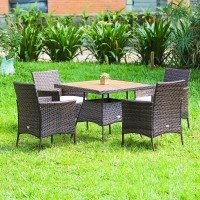 Tangkula 5 Pieces Wicker Patio Dining Set, Outdoor Acacia Wood Dining Furniture With 4 Armrest Chairs & 1 Dining Table, Rattan Conversation Set With Cushions & Umbrella Hole For Backyard Garden Porch